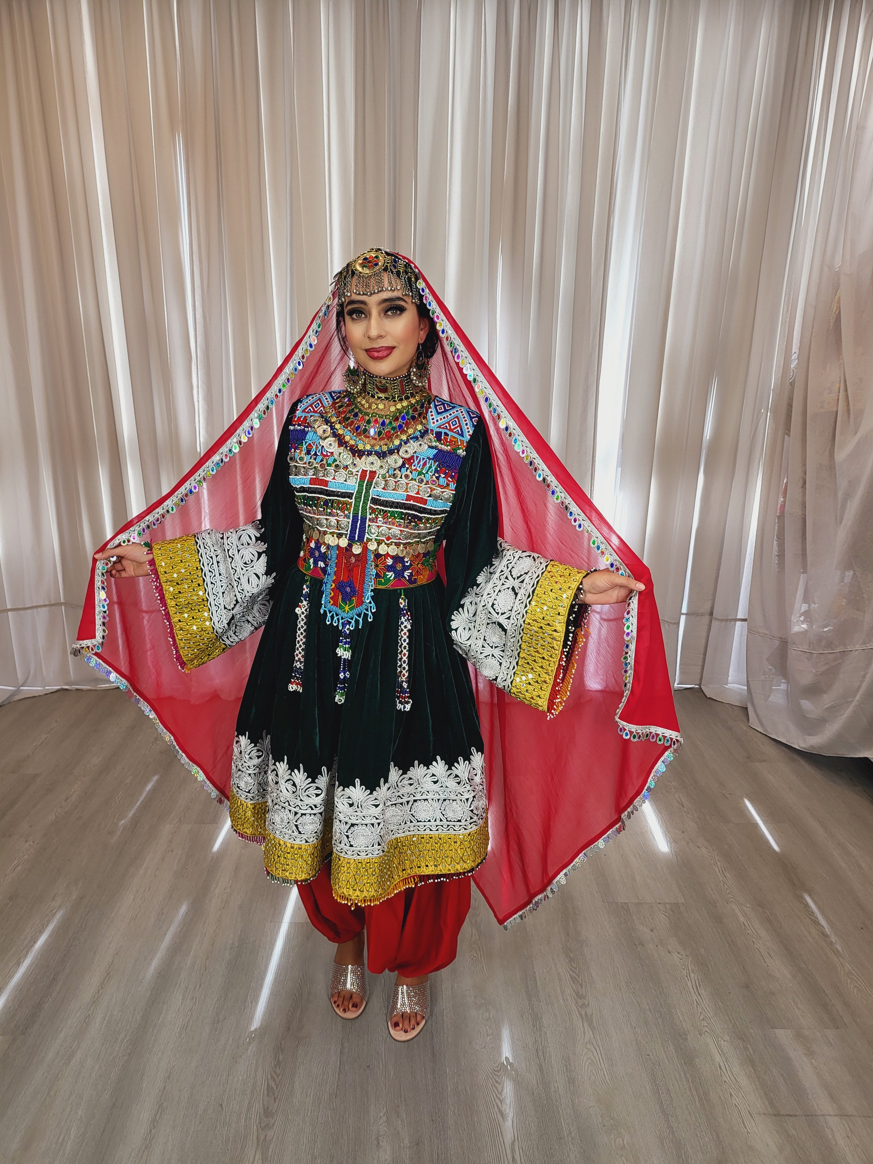 Dark Green Velvet Afghan Dress