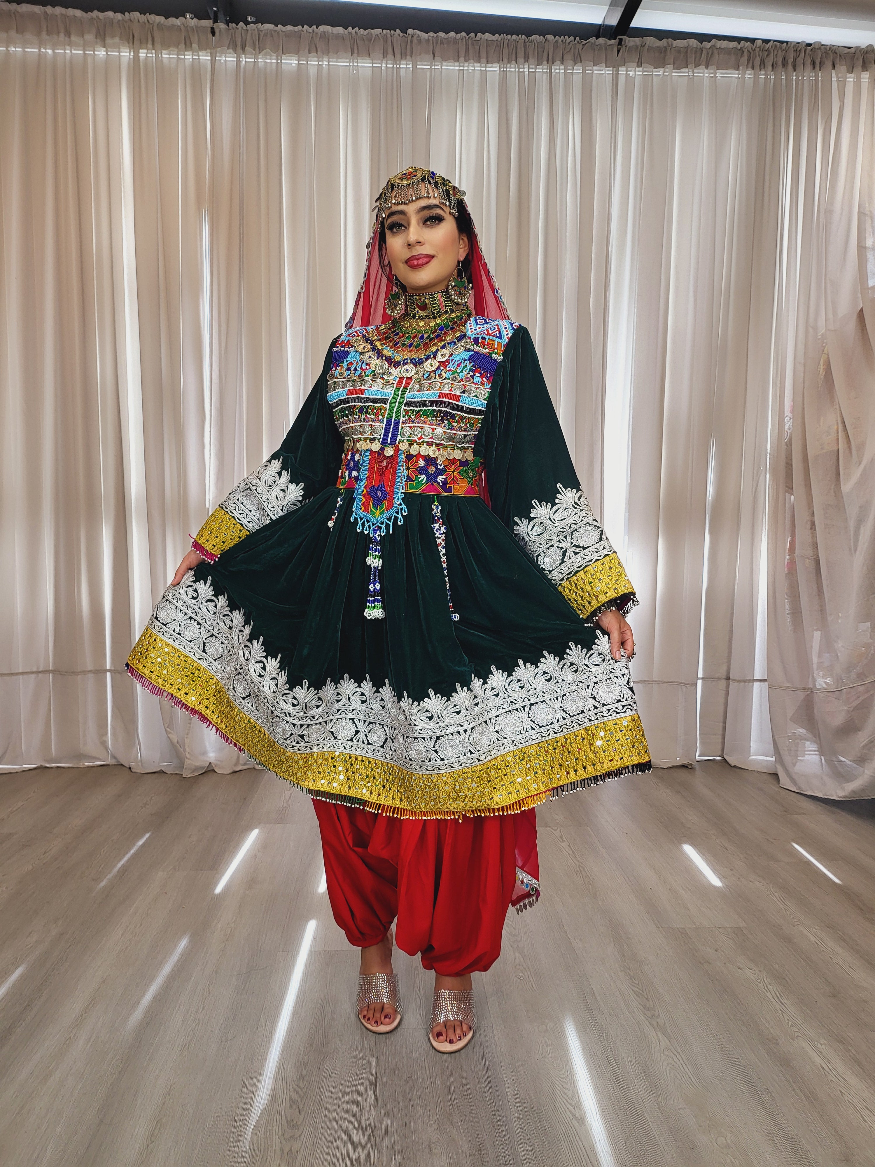 Dark Green Velvet Afghan Dress