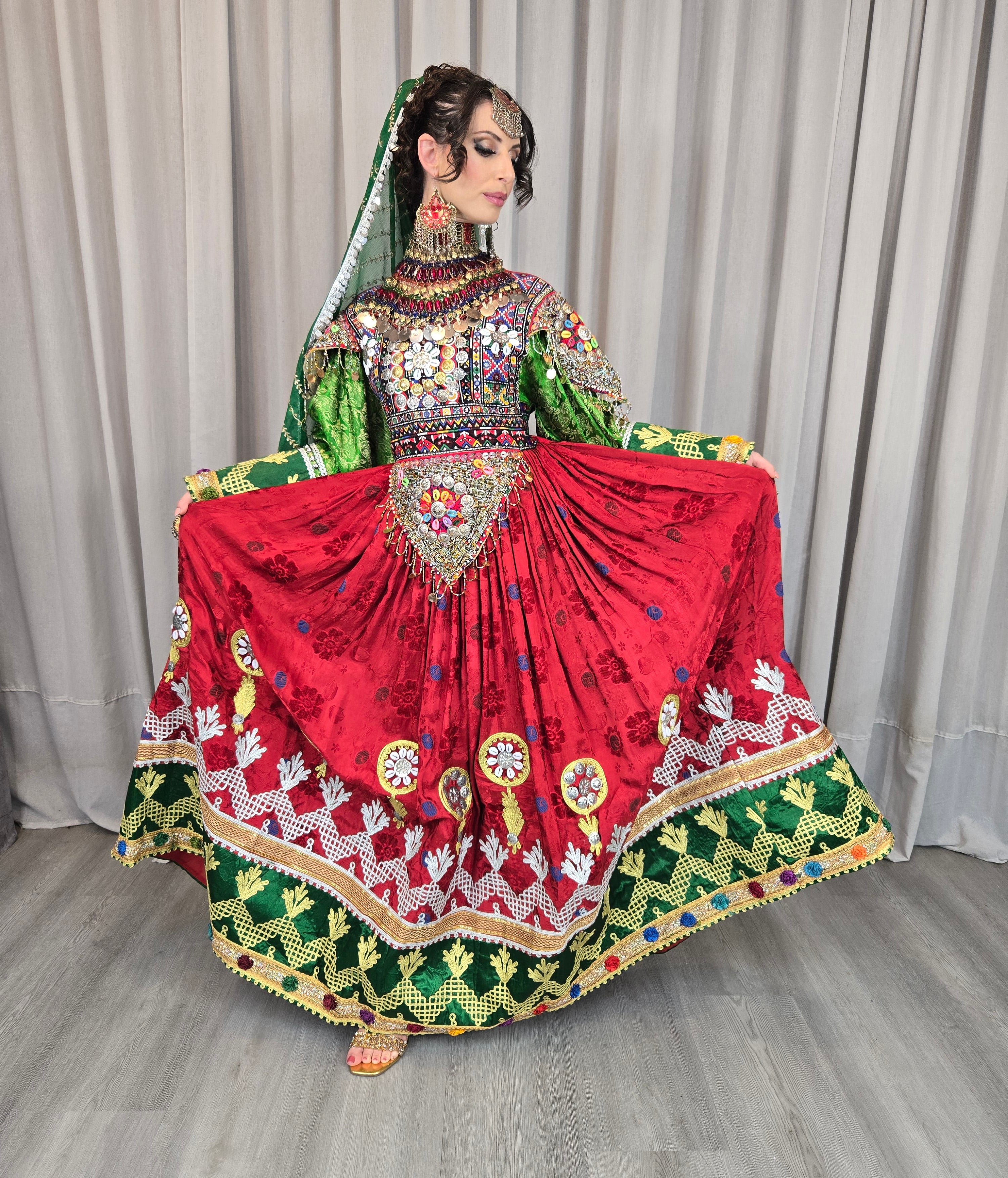 Red/Green Gule Bakhmal Dress