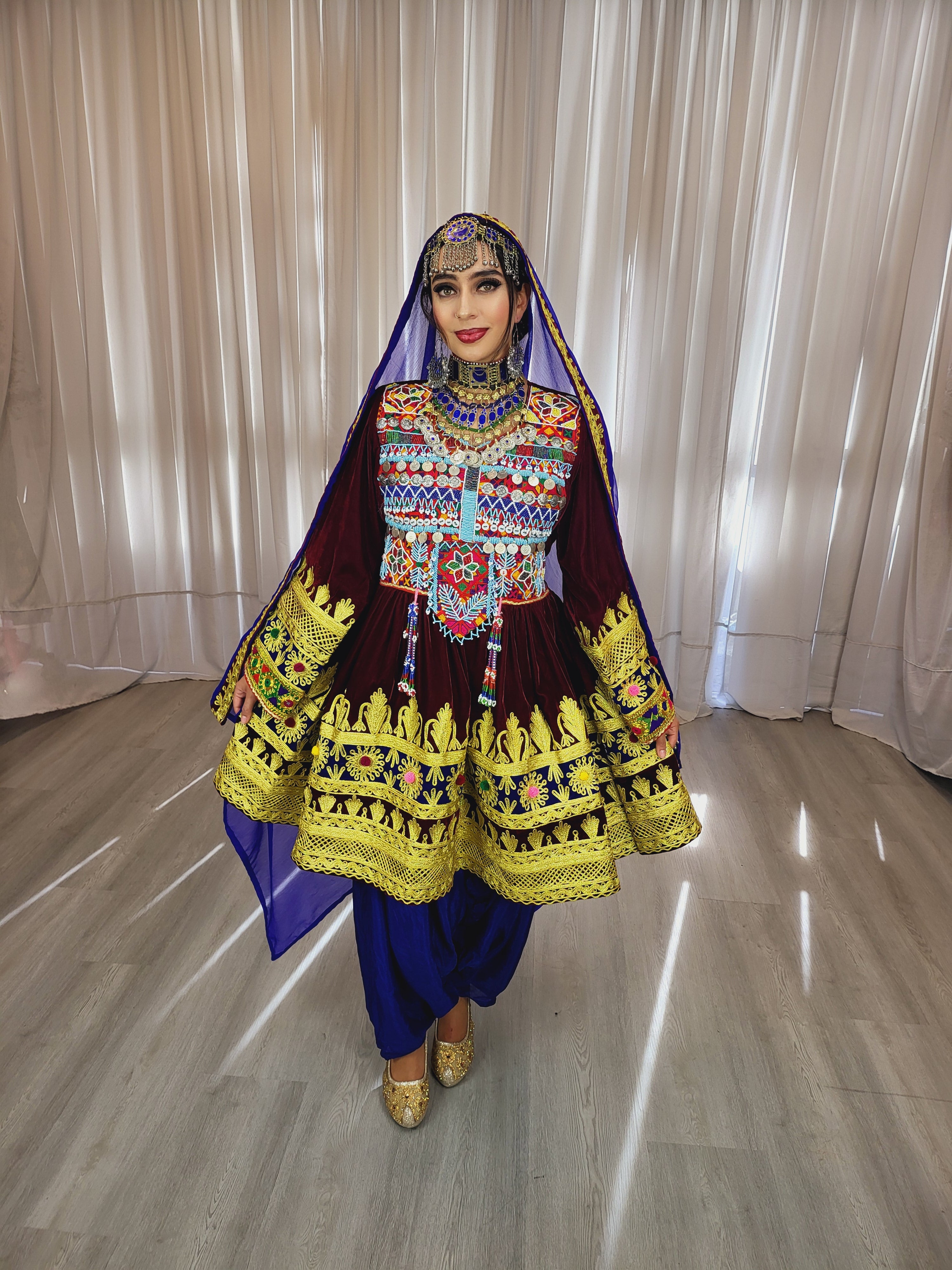 Maroon Light Velvet Afghan Dress