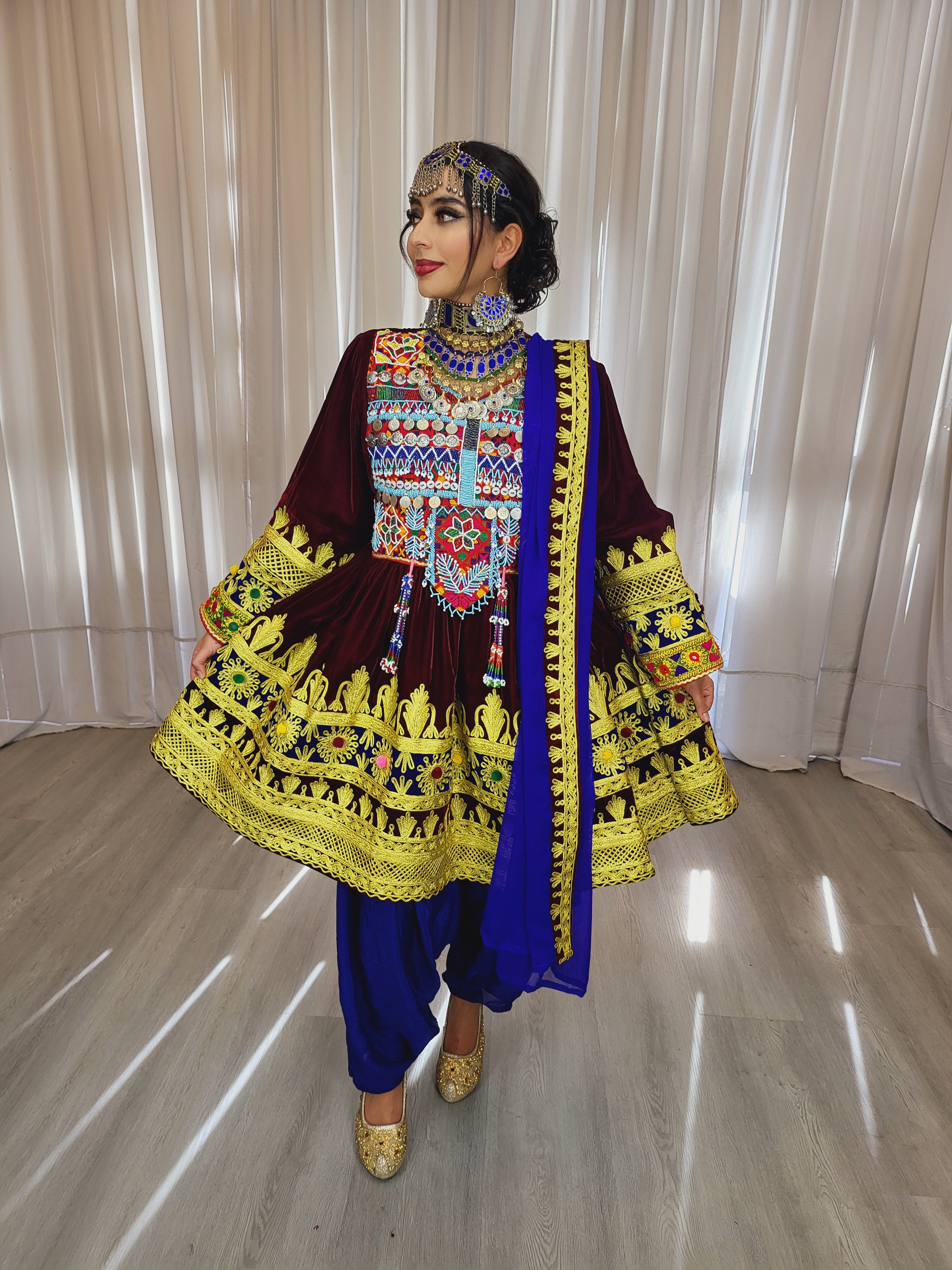 Maroon Light Velvet Afghan Dress