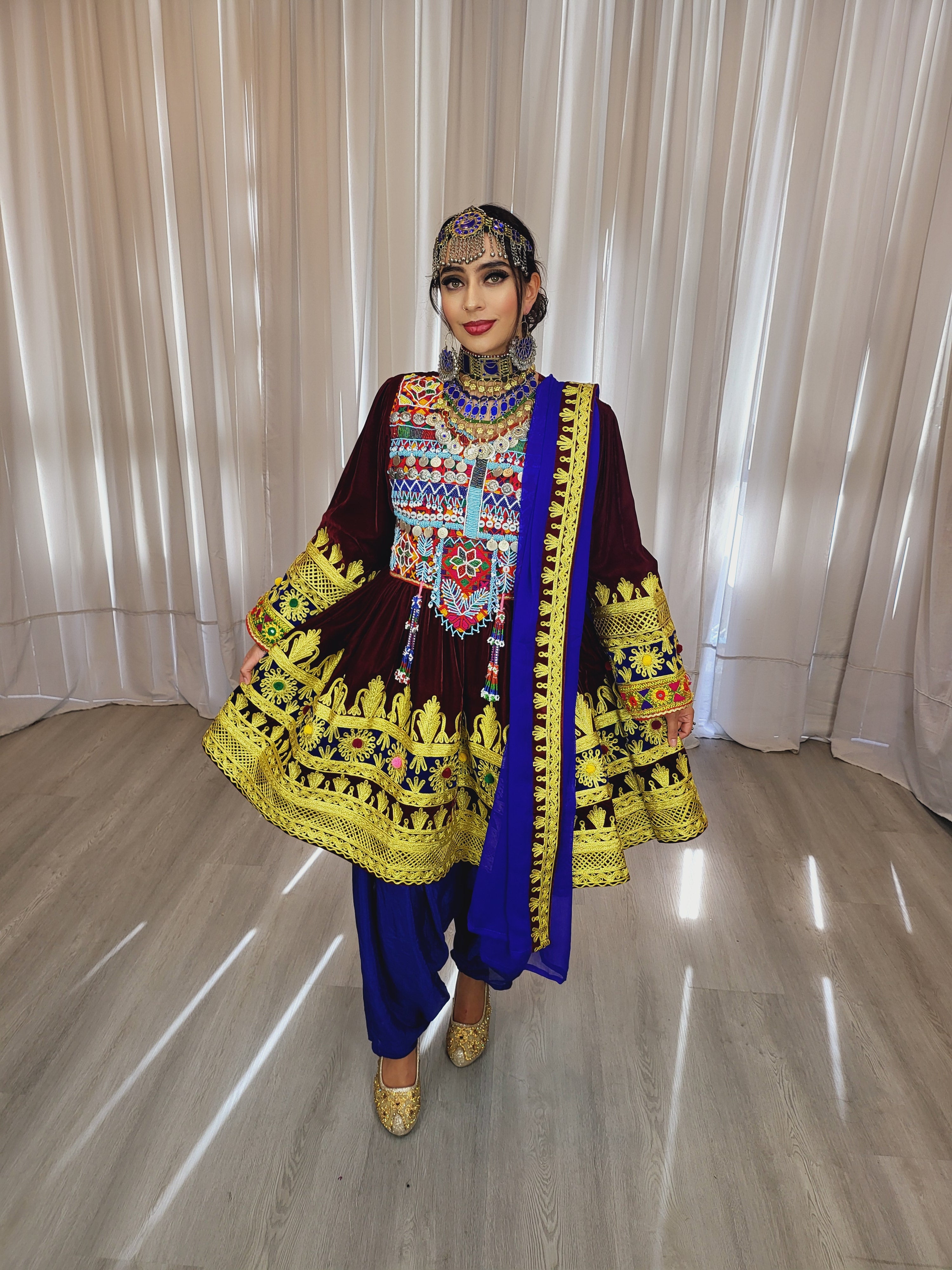 Maroon Light Velvet Afghan Dress