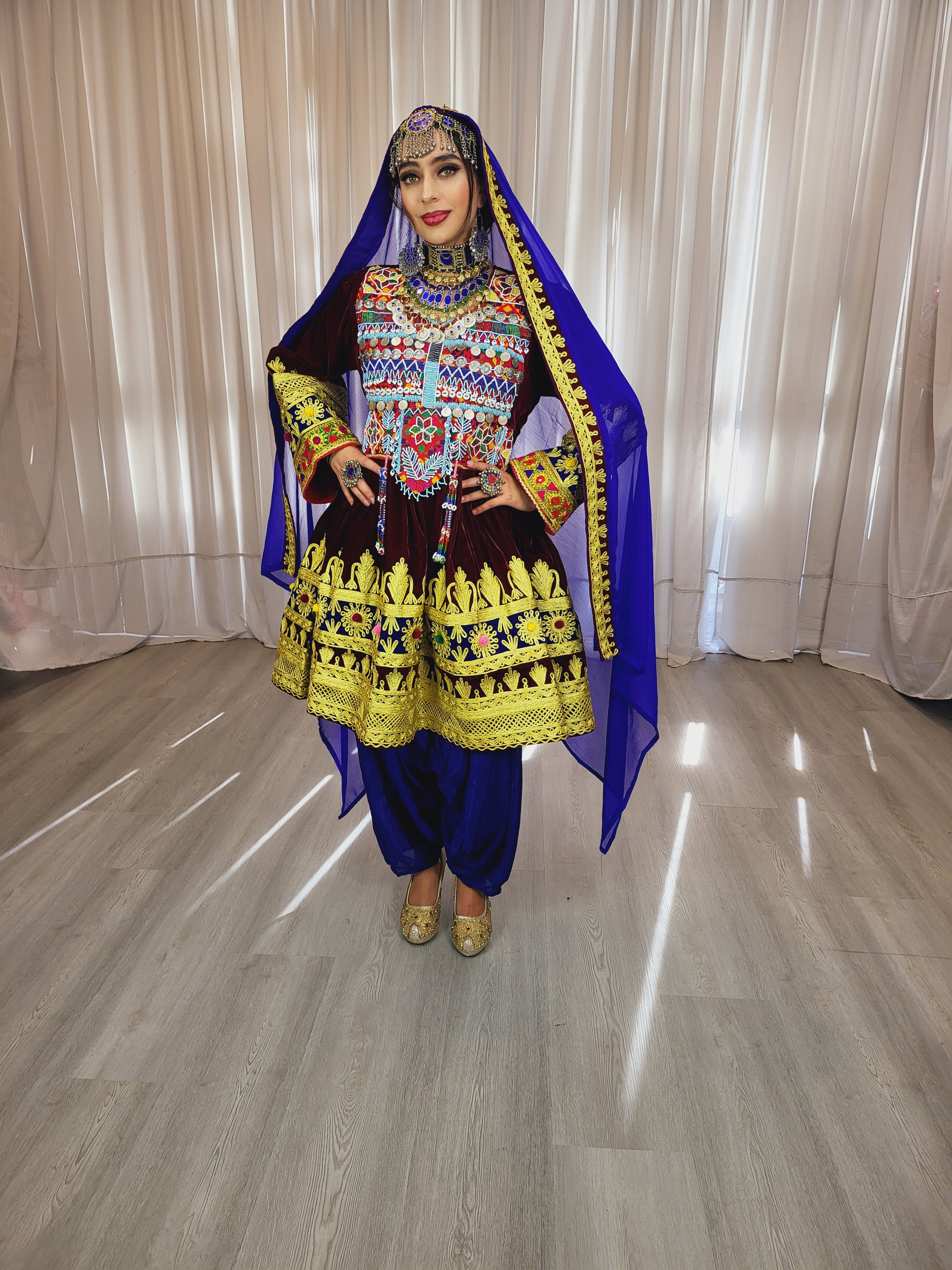 Maroon Light Velvet Afghan Dress