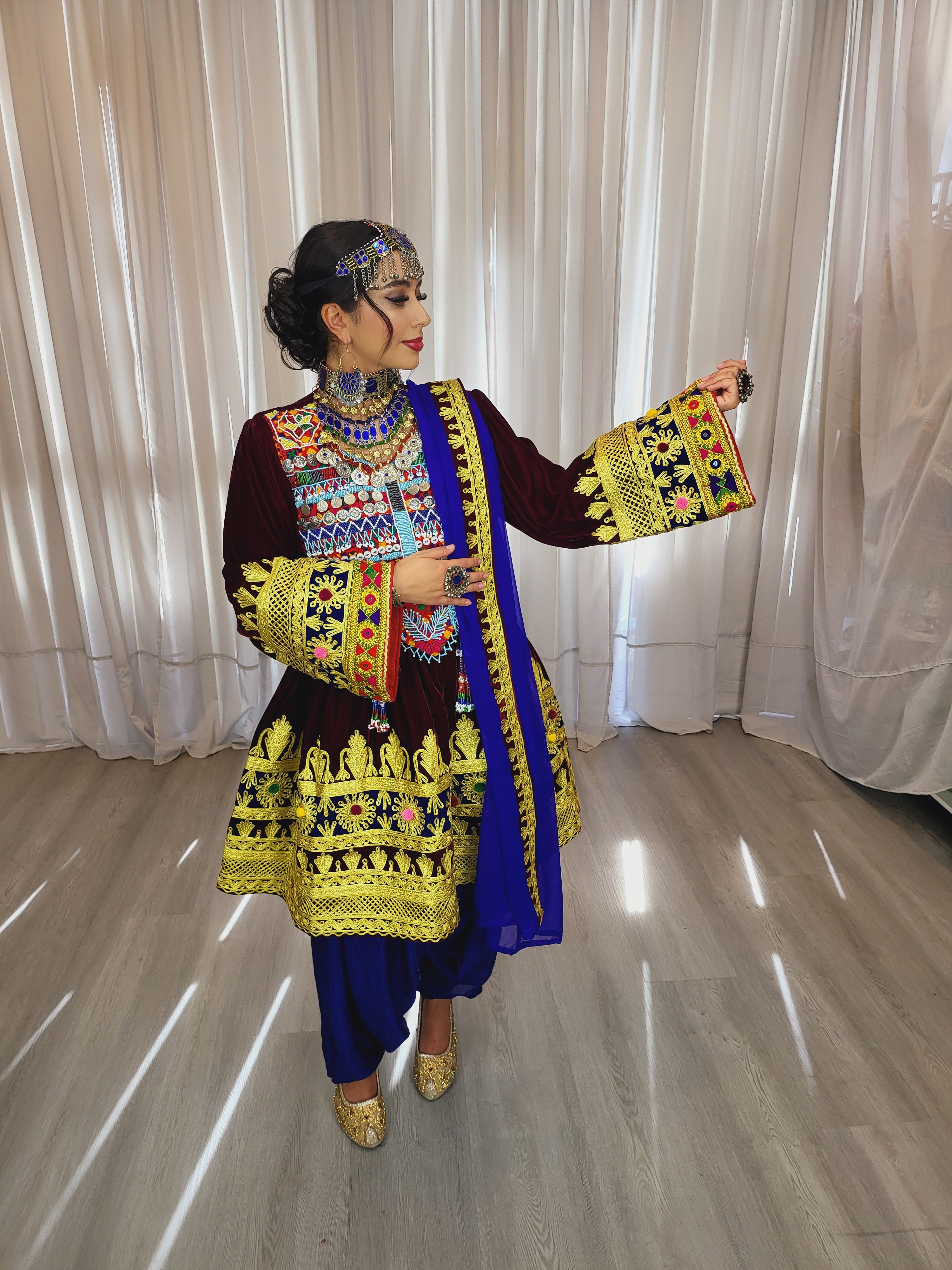 Maroon Light Velvet Afghan Dress