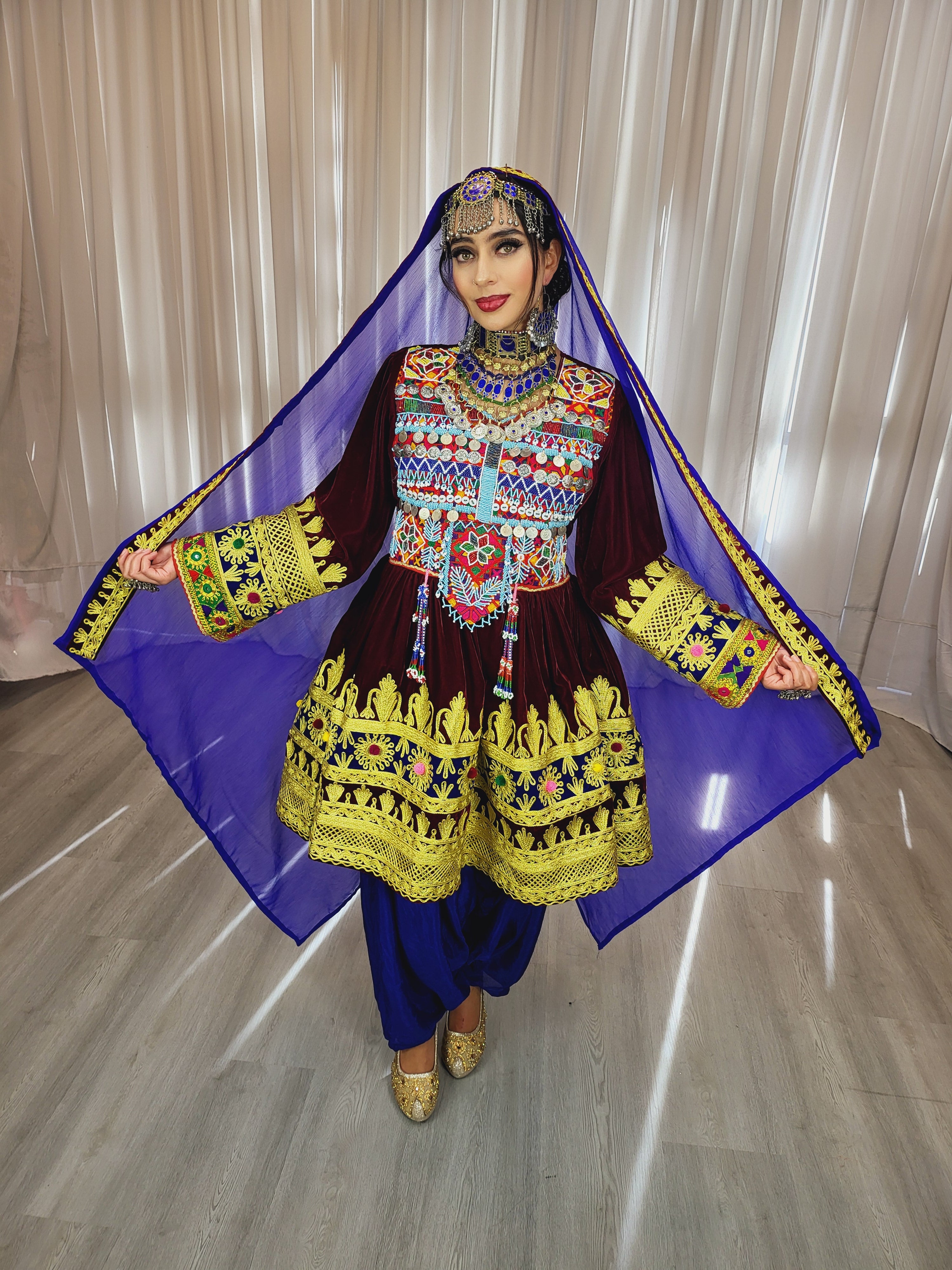 Maroon Light Velvet Afghan Dress